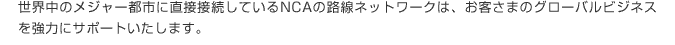 世界中のメジャー都市に接続するNCAのネットワークは、お客さまのグローバルビジネスを強力にサポートいたします。
